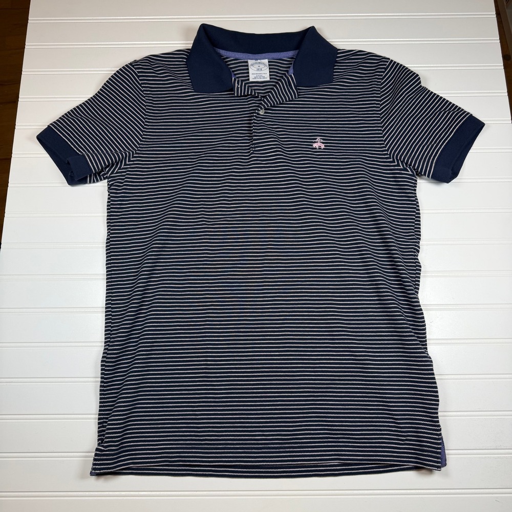 Brooks Brothers 1818 Performance Polo Mens Medium Slim Fit Navy Pink Striped GUC